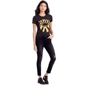 True Religion Halle Mid Rise Super Skinny Moto Women’s Jean Black Distressed 25